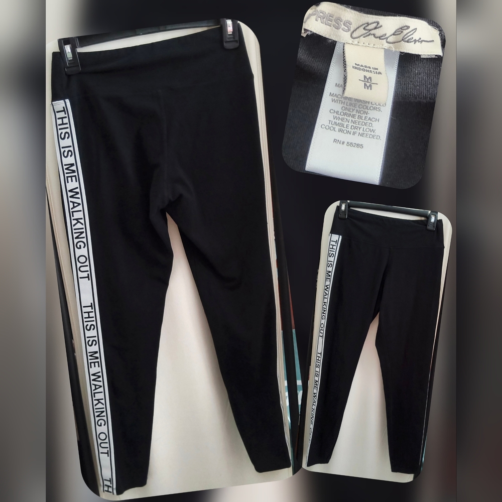 Express Black Leggings with White Text Stripes Size Med - Picture 2 of 3